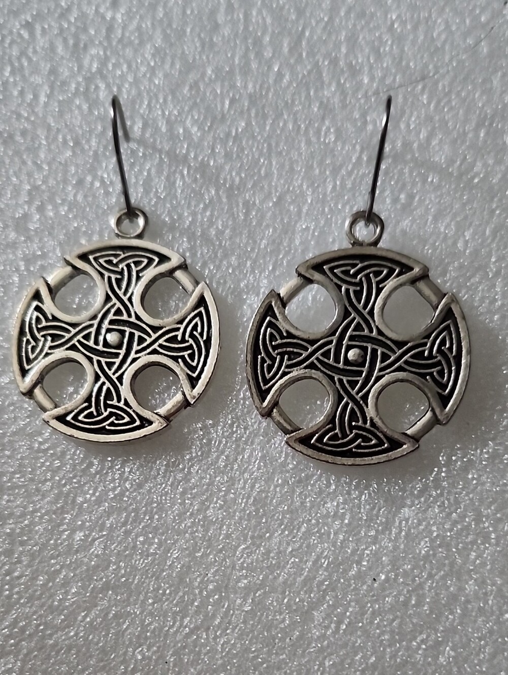 Hand Crafted Silver-Tone Celtic Cross Dangle Earrings